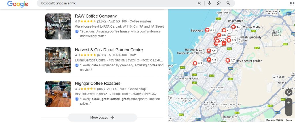 screenshot from google search results after searching for the term "best coffee shop near me" . This is to enhance the importance of optimizing the use of local seo for any business.
