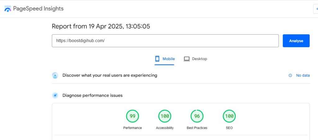 Screenshot of my website "boostdigihub.com" from page speed insights showing 99% perfomance, 100% accessibility,best practices and seo. This is to demonstrate the results of a good technical seo strategy.