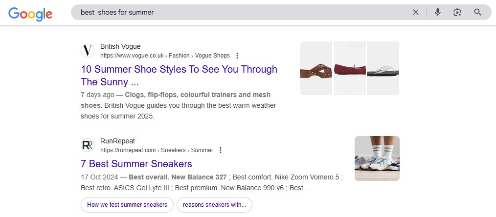 Google search results for the query "best shoes for summer" to demonstrate what seo looks like