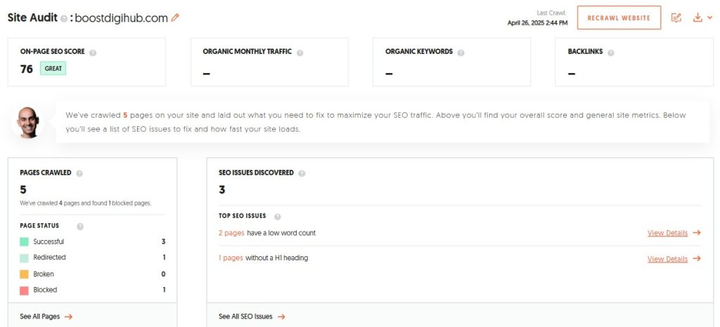 Screenshot from ubersuggest Site audit dashboard to enhance the importance of regular site audits to boost your site's seo performance.